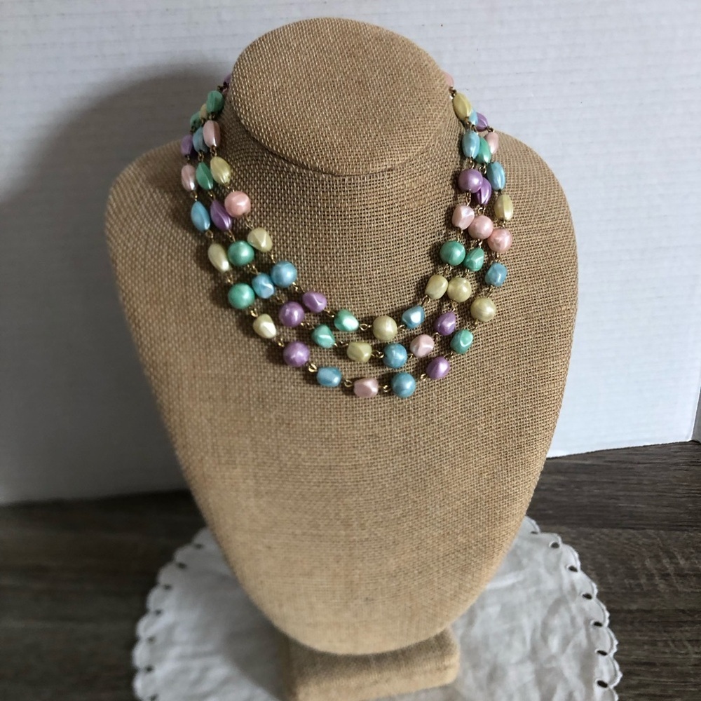 Vtg Pastel Beaded Multi Strand Necklace